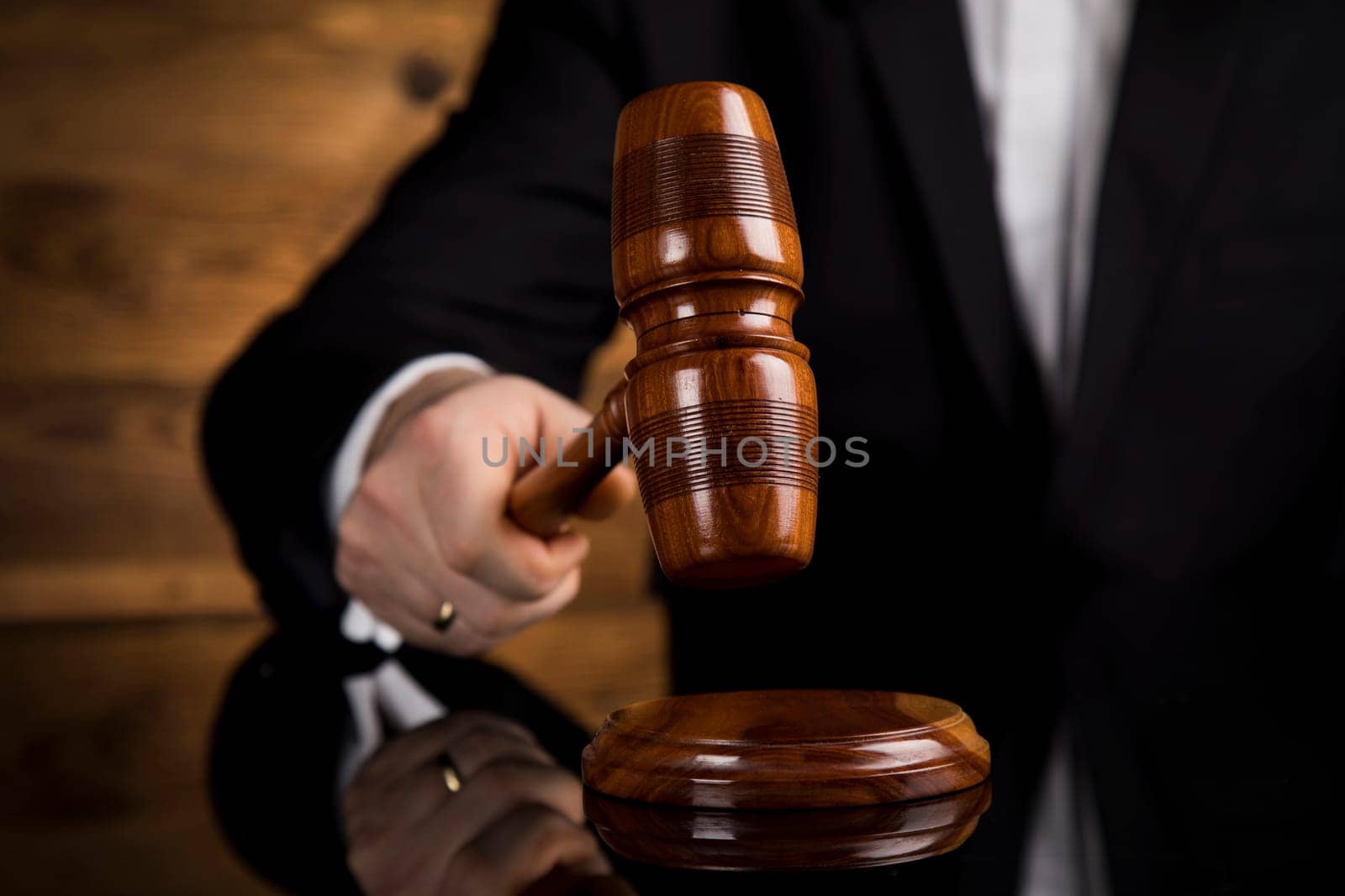 Law and justice concept, Brown wooden background