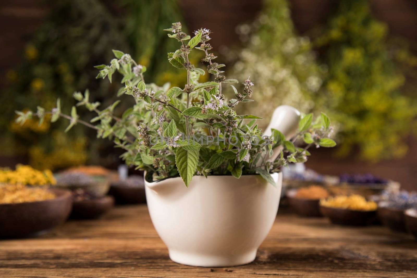 Natural remedy,Herbal medicine and wooden table background