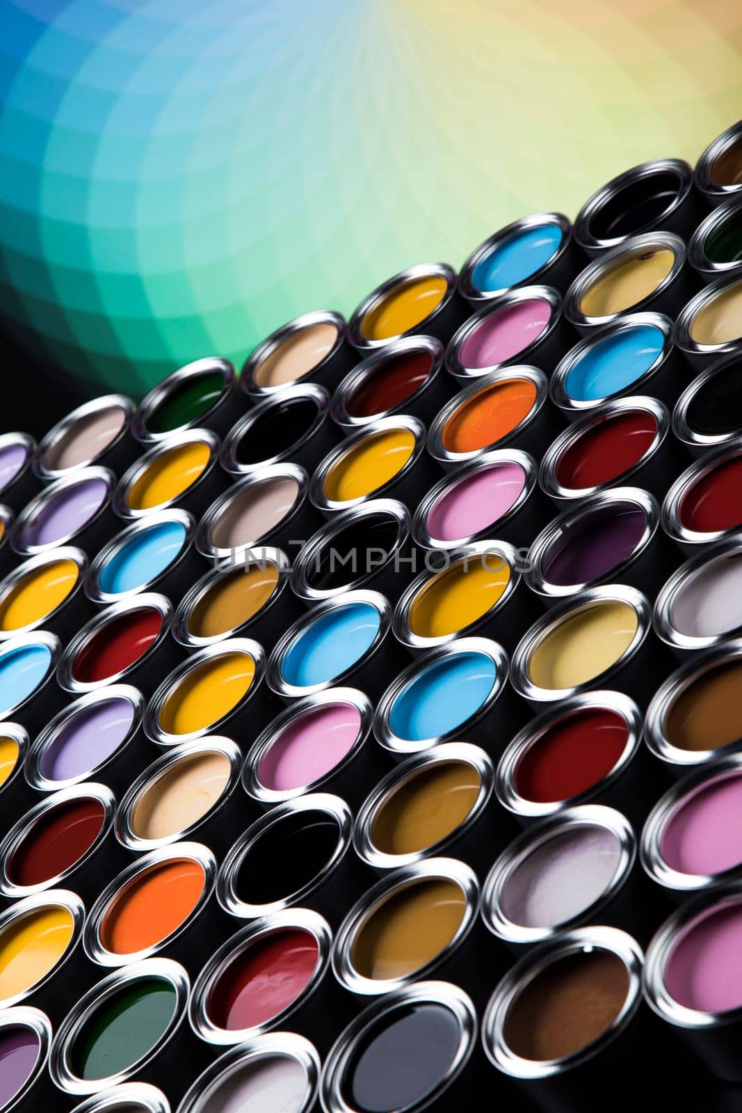 reativity concept group of tin metal cans with color paint