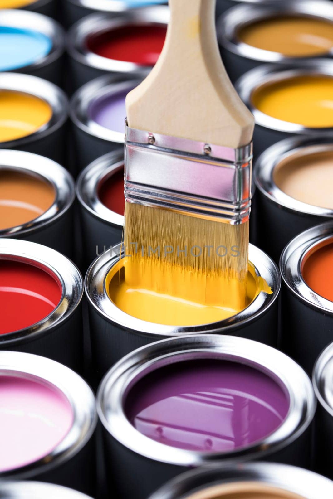 Metal tin cans with color paint and paintbrush
