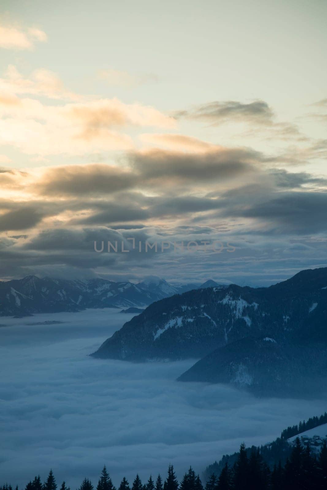 Fantastic winter landscape, sunset, snow covered trees