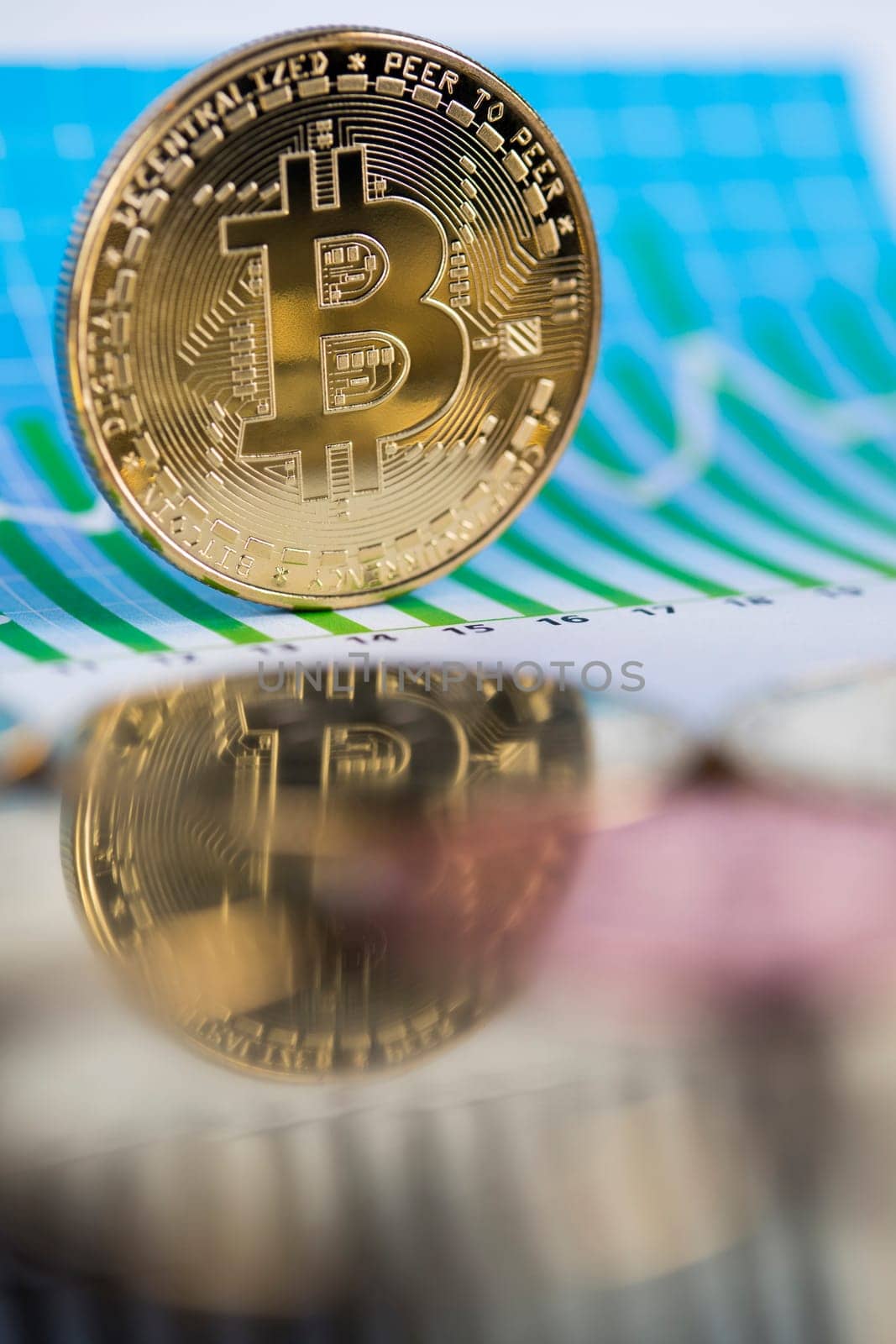 Golden Bitcoin Coin, virtual money, financial chart