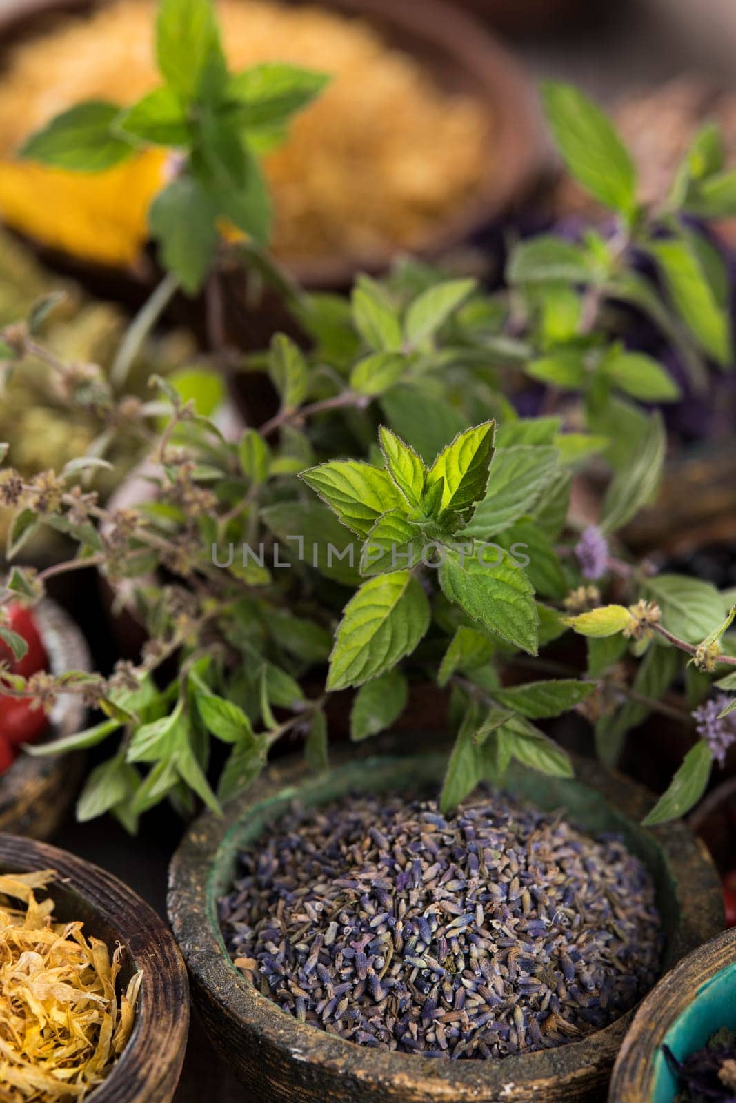 Natural remedy and wooden table background