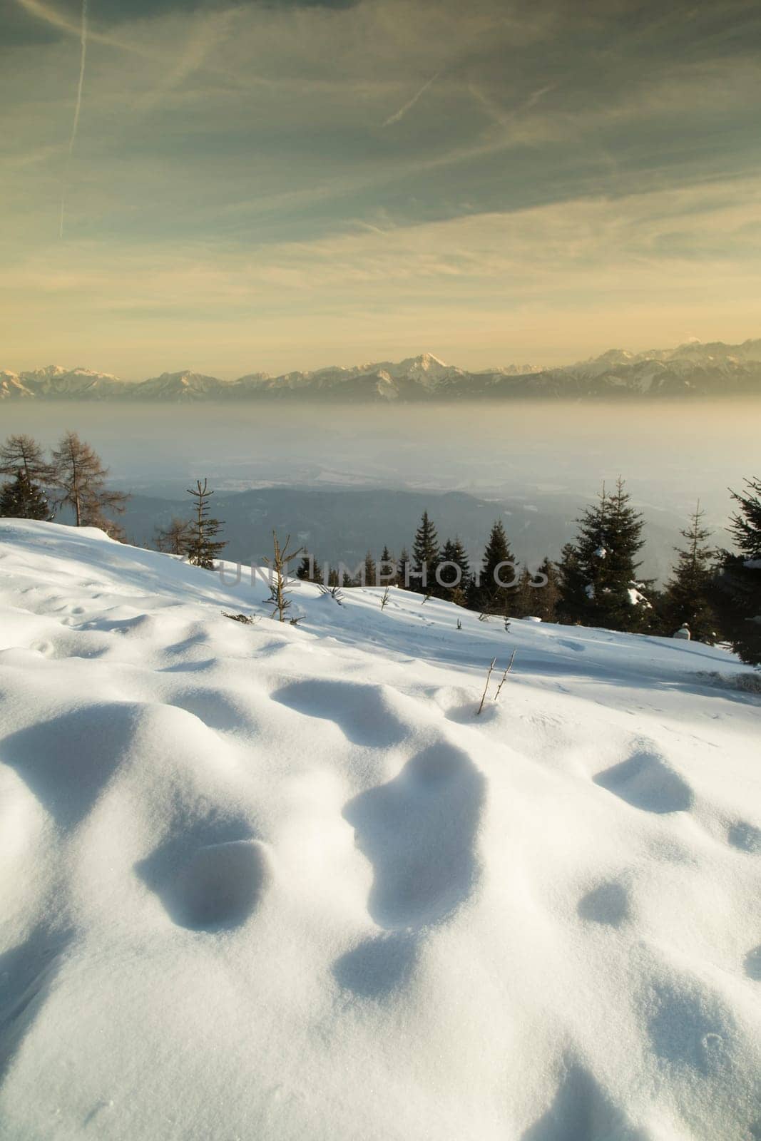 Sunset over the mountains, winter landscape