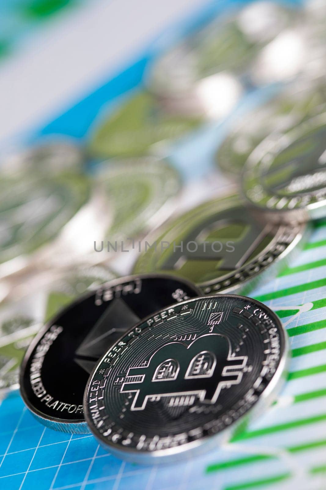 Cryptocurrencys new digital money, Bitcoin, litecoin, etherium coins close up