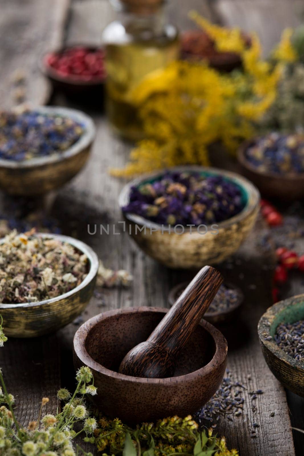 Alternative medicine, dried herbs background