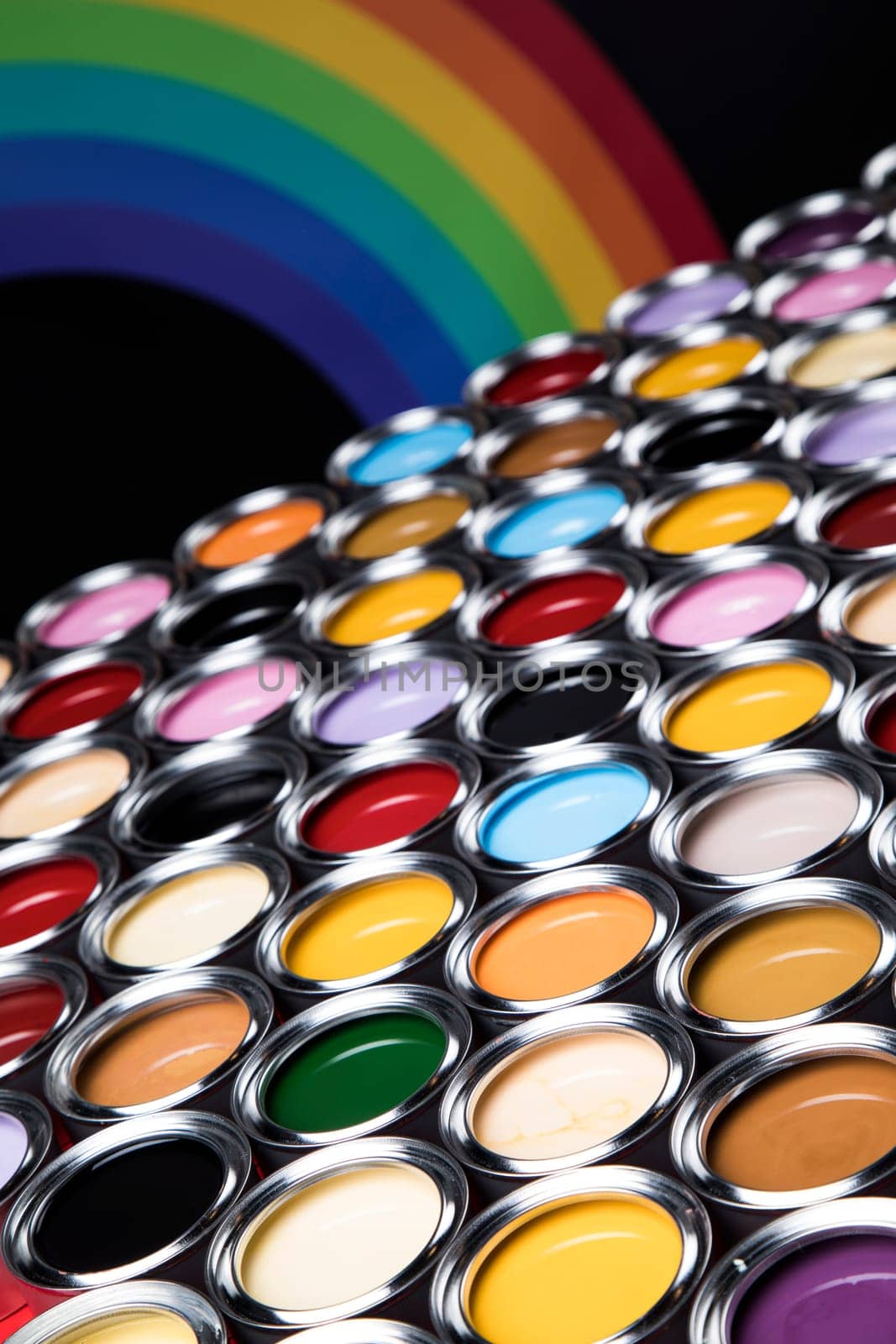Open buckets with a paint, colors background