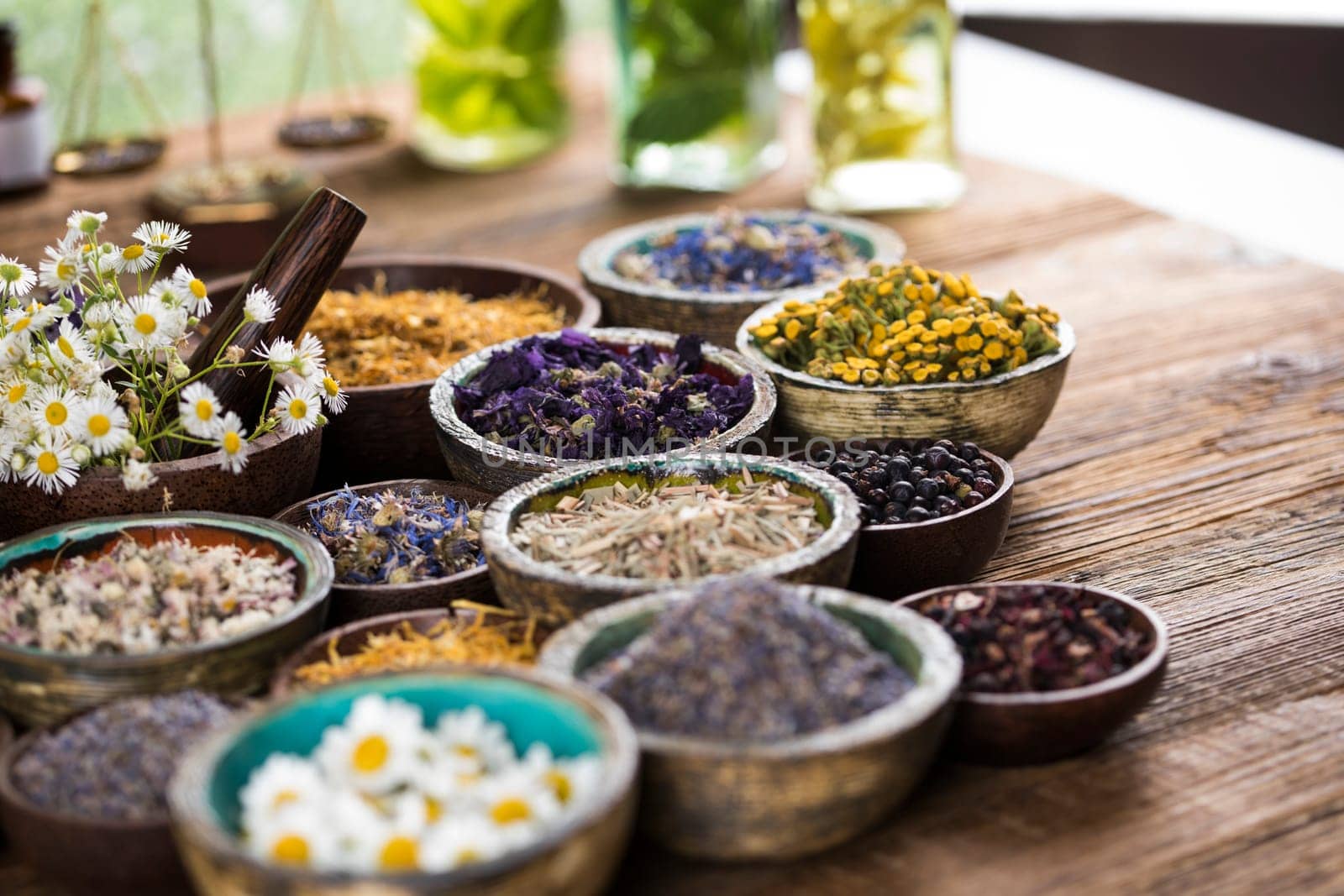 Alternative medicine, dried herbs background