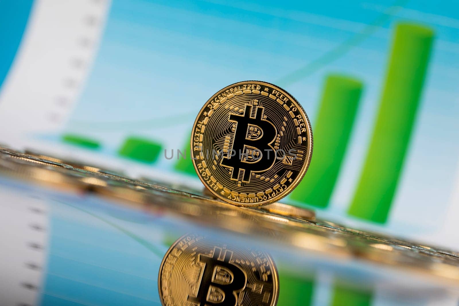 Golden Bitcoin Coin, virtual money, financial chart