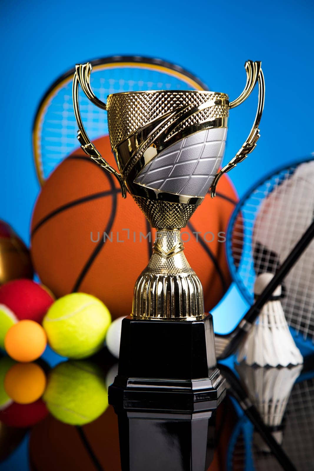 Winning trophy championship award, sport stadium background