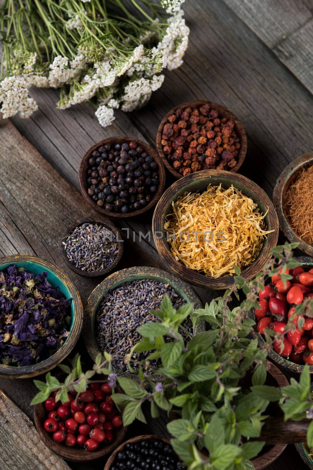 Homeopathy, herbal medicine on wooden table
