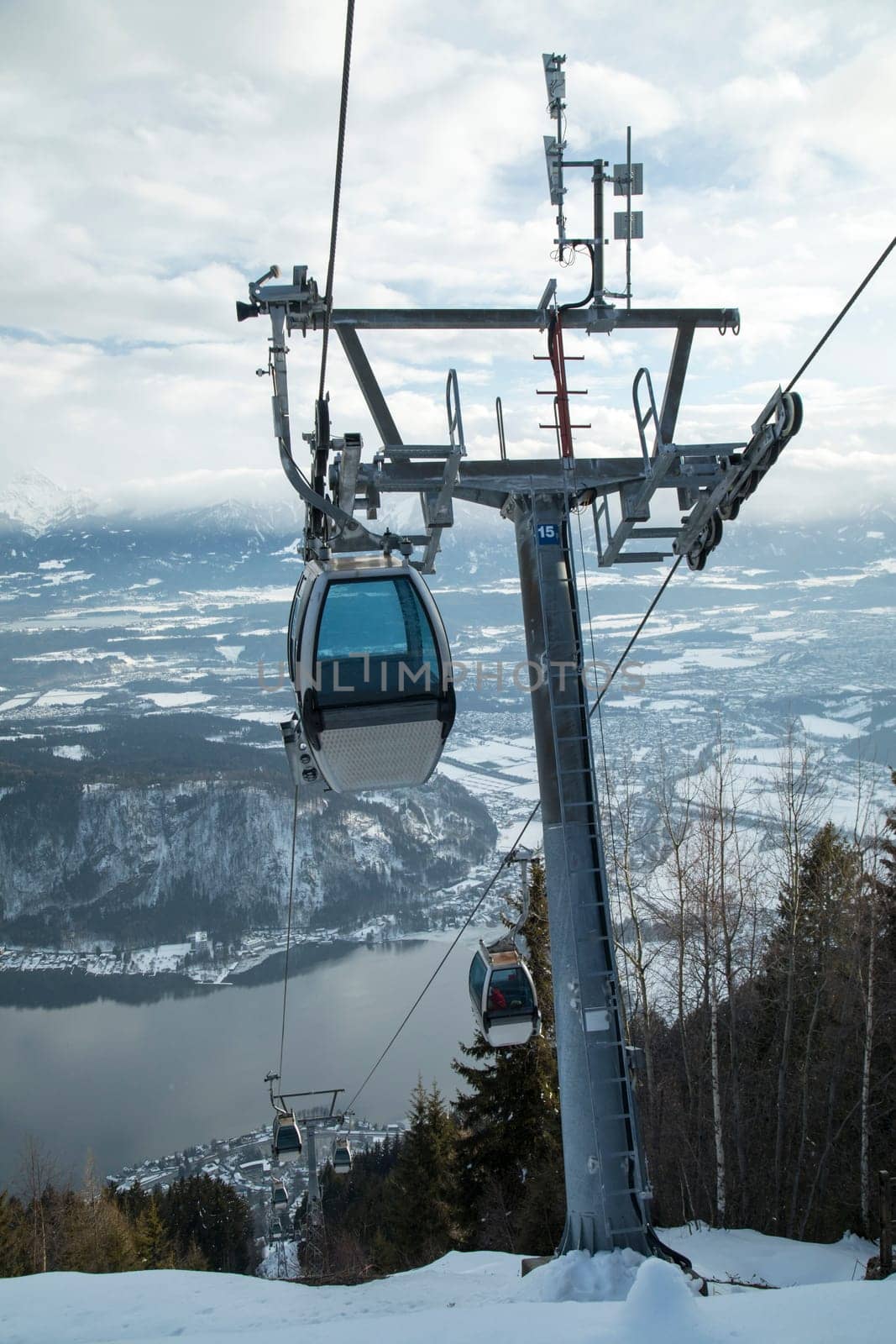 Cableway in Mountains, winter nature landscape
