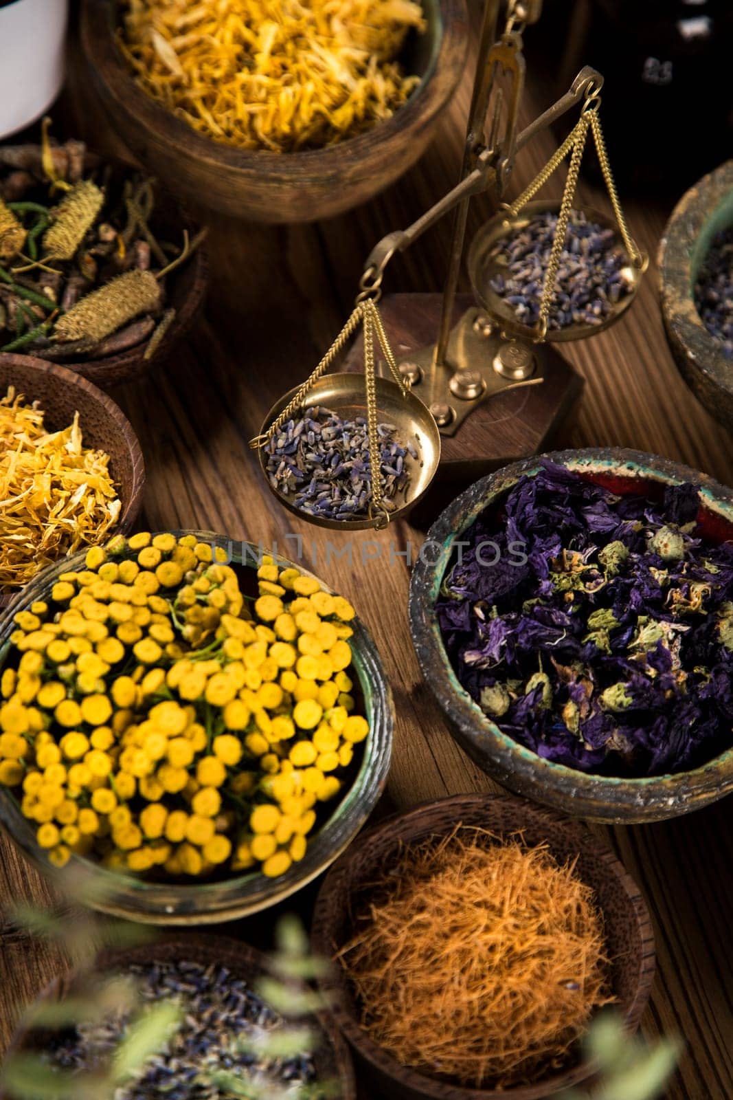 Natural remedy and wooden table background
