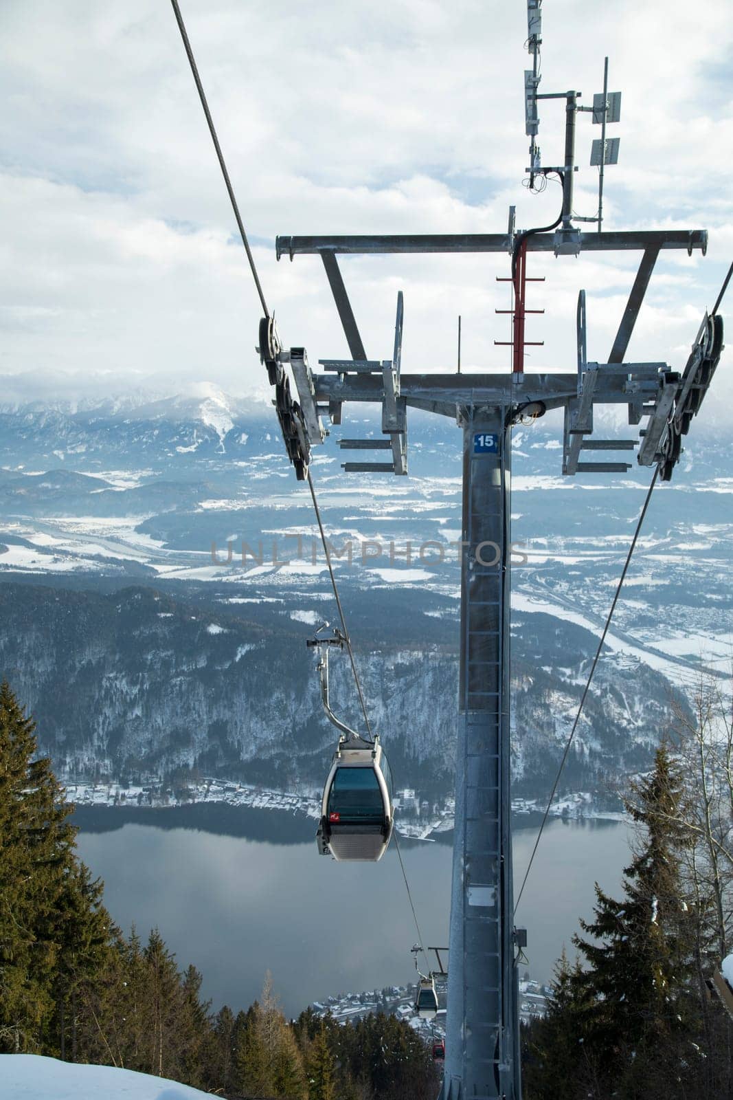 Cableway in Mountains, winter nature landscape