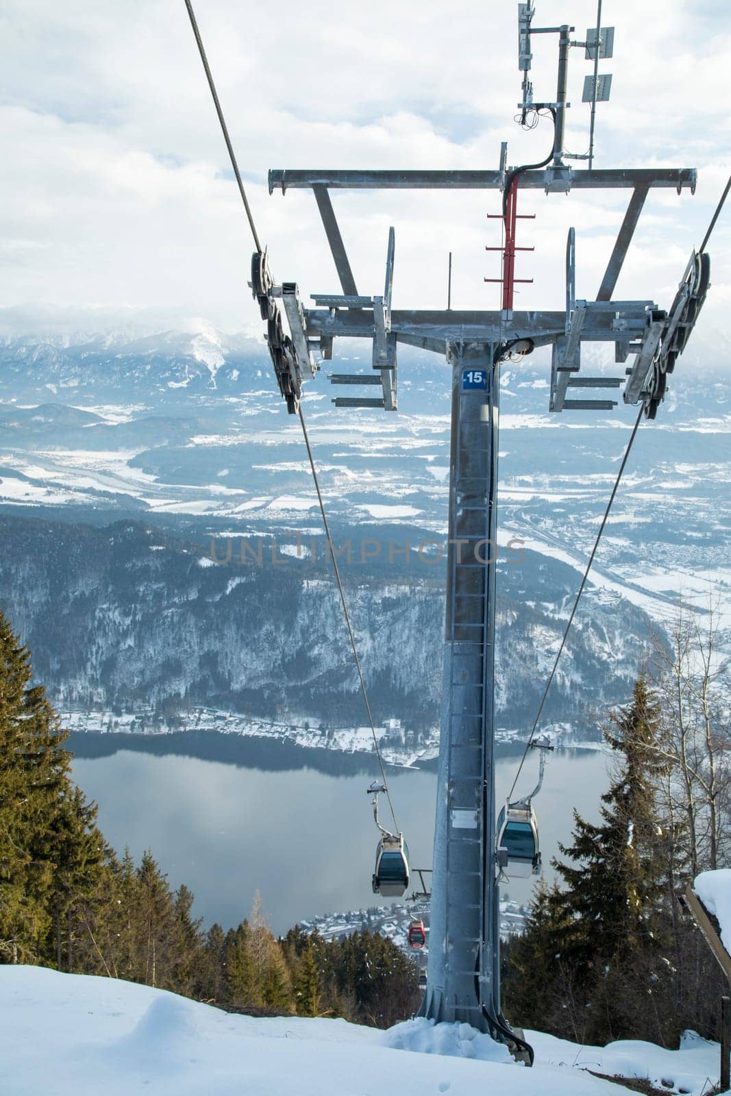 Cableway in Mountains, winter nature landscape
