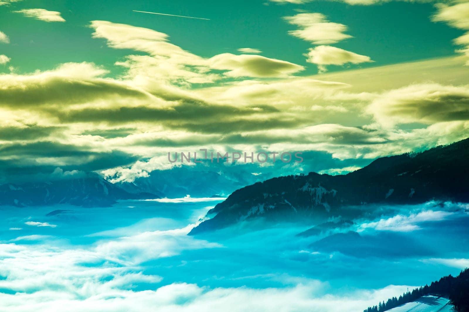 Mountains, winter landscape, Sunset background