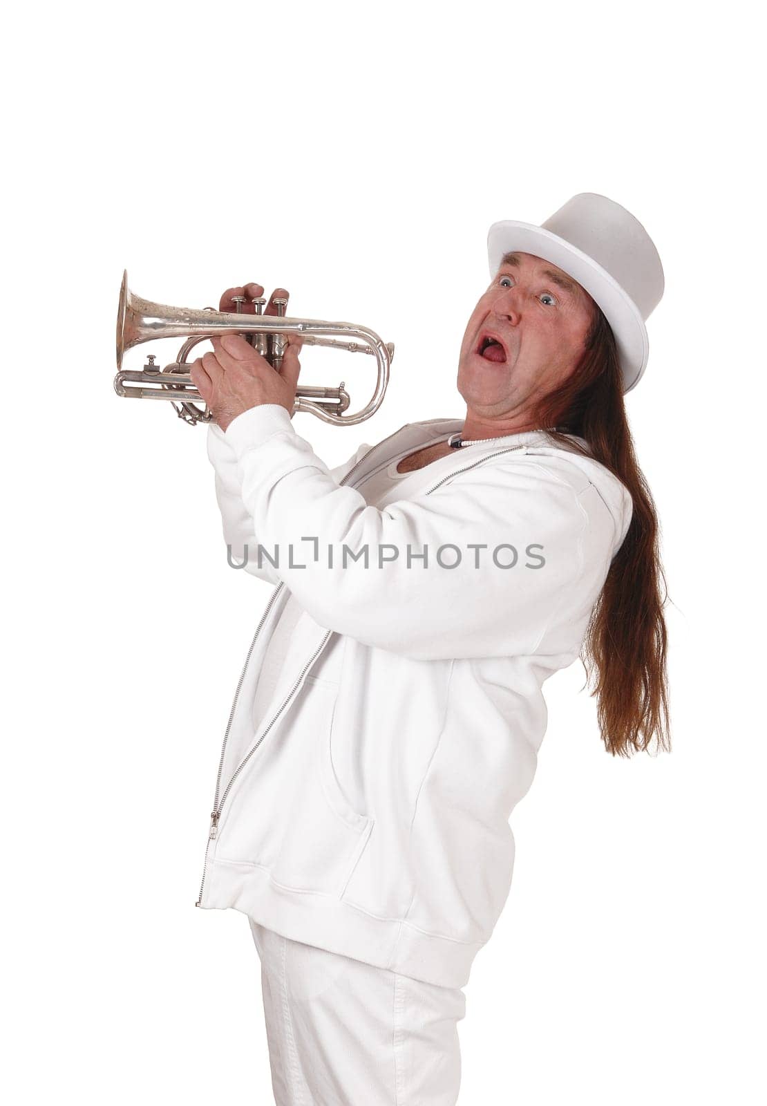 A middle age indigenous man standing in a white outfit and white hat.holding his trumpet and screaming, isolated for white background.