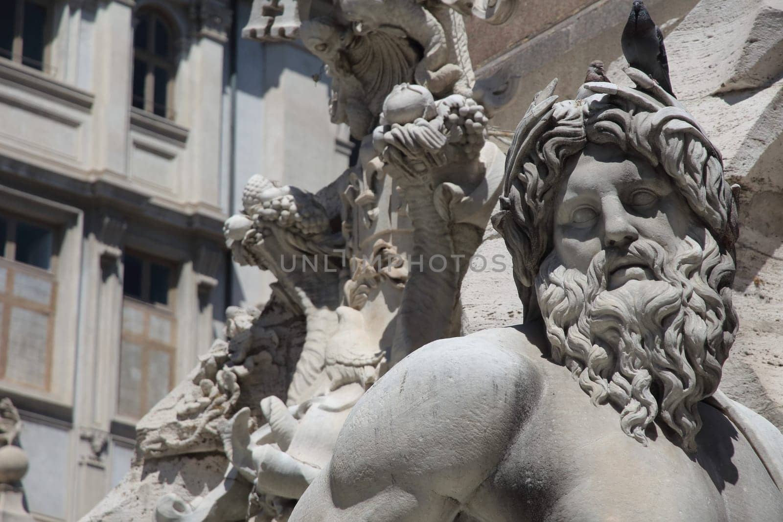 ROME, ITALY - MAYO 15 2019: Fountain of the Four Rivers in the Piazza Navona, designed in 1651 by Gian Lorenzo Bernini.