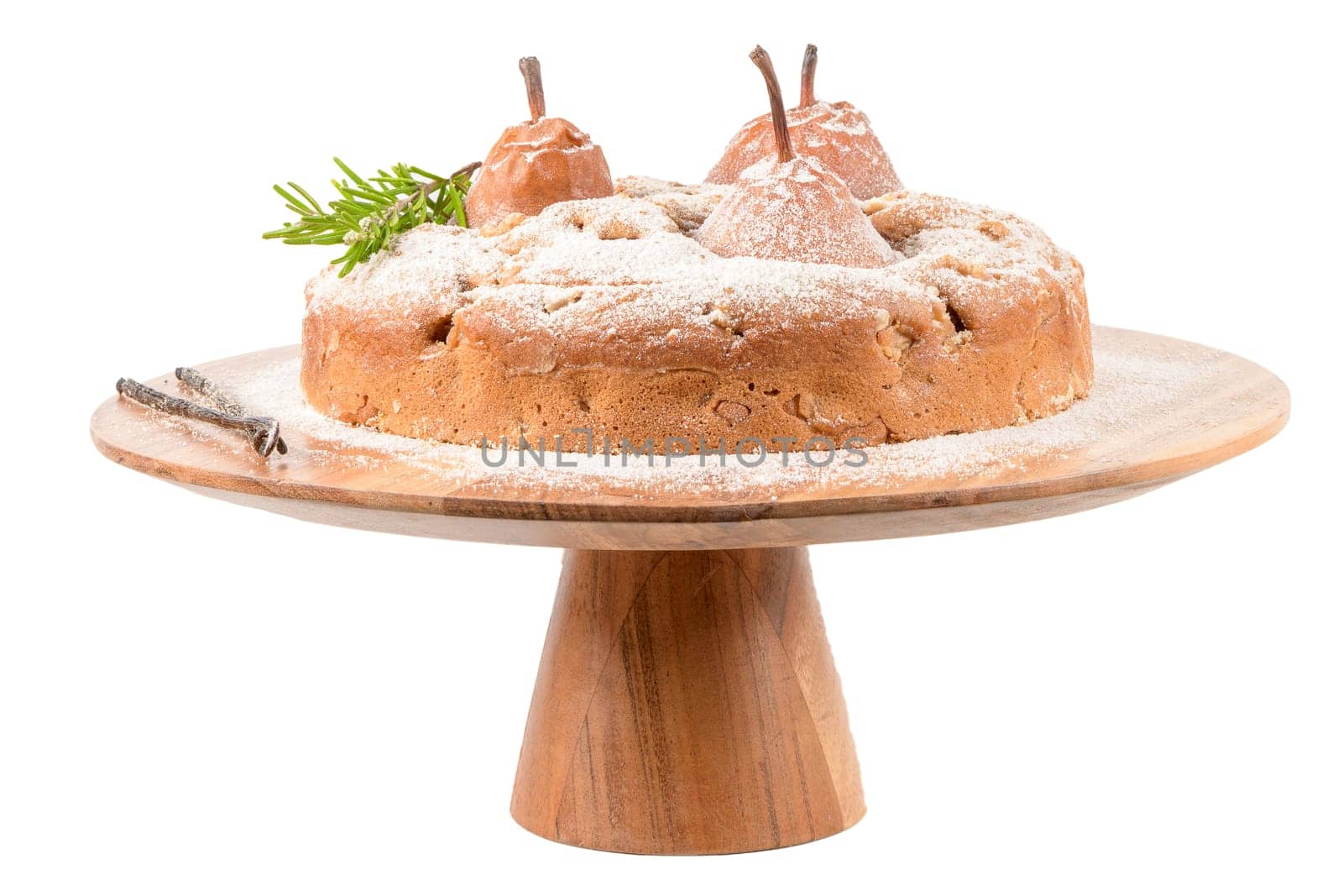 Delicious cake slice with pear, ginger and cinnamon isolated on white background.