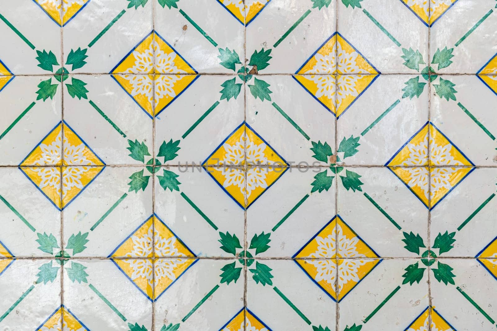 Closeup detail of old Portuguese glazed tiles.