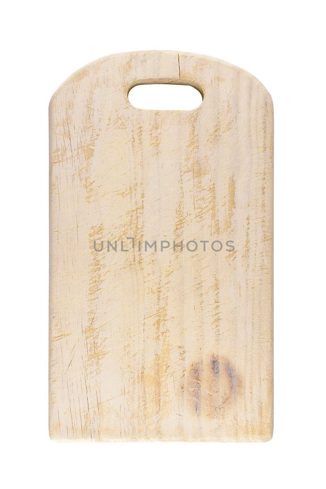 Rectangle shaped brown used wood kitchen cutting board  isolated on white background.