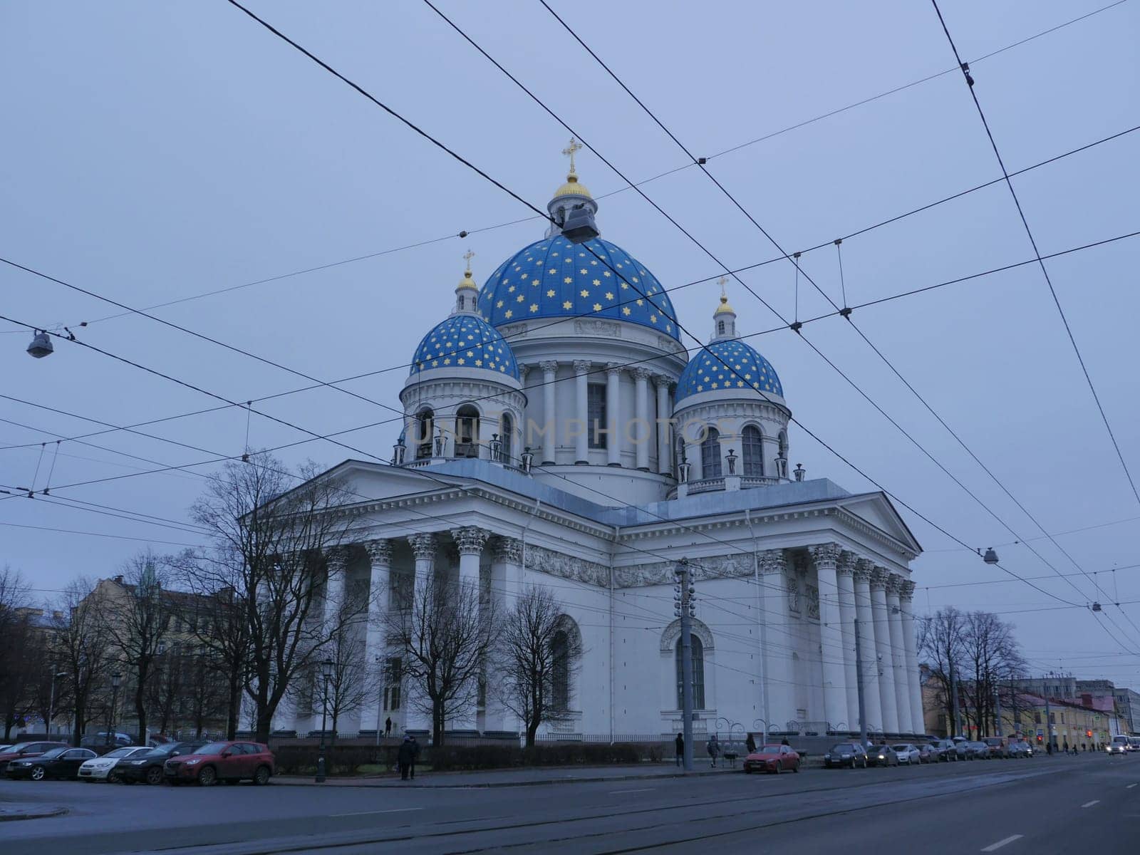 St. Petersburg, Russia, November 30, 2019. golden stars on the blue domes of the Trinity Izmail Cathedral