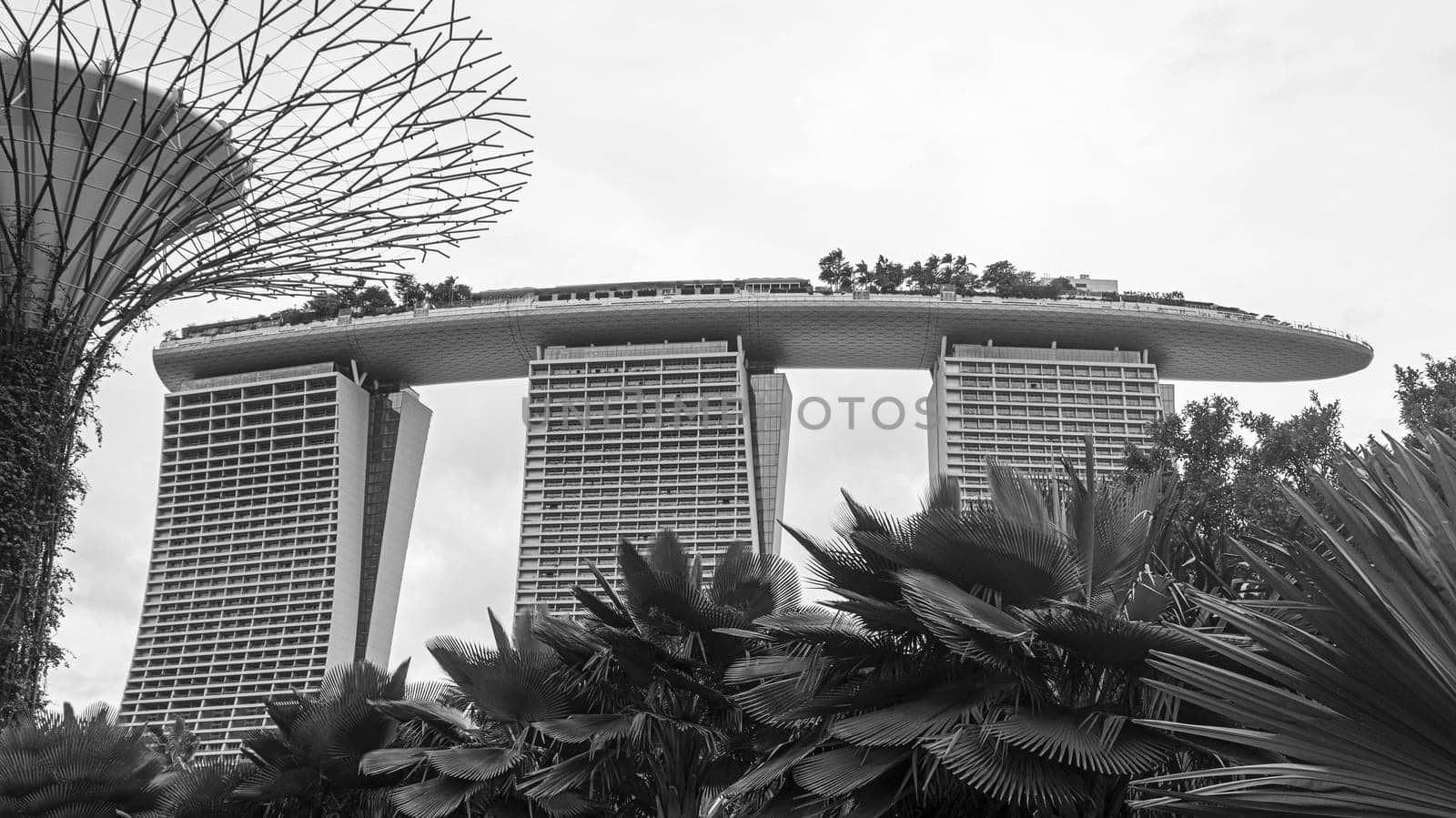 marina bay sands towers supertree landmark Singapore day black white