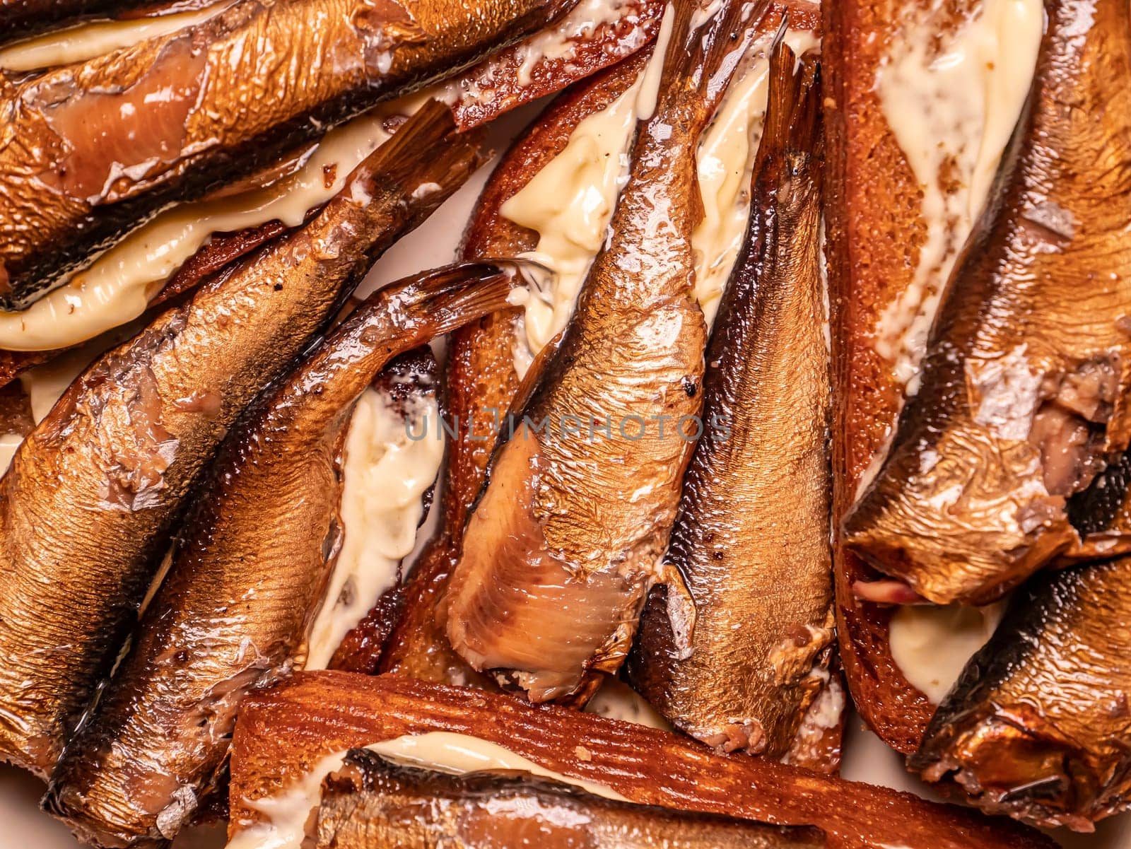 Sandwiches with sprats on bread. Food photo. Place for text. Background image.