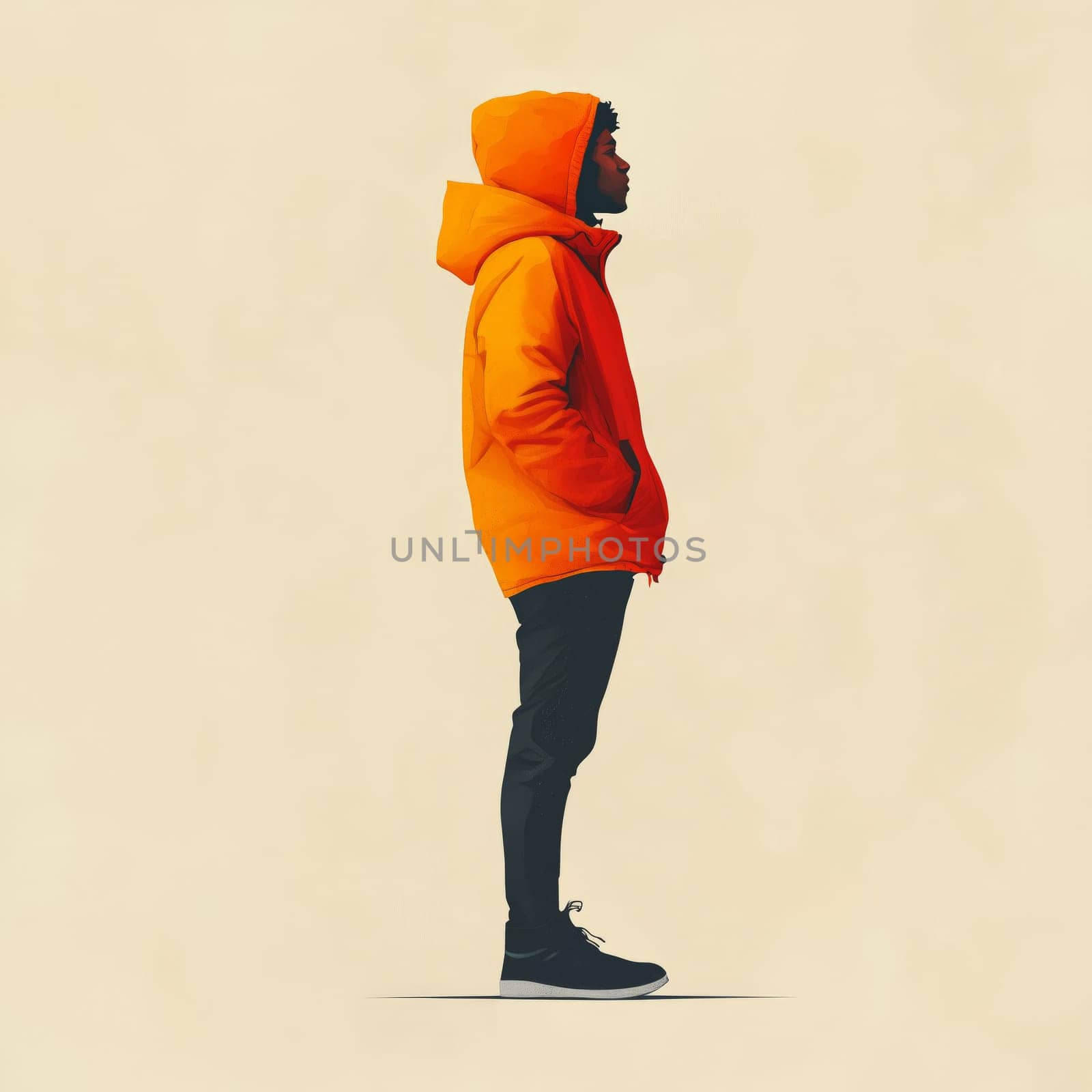 A digital illustration of a man standing in profile, wearing an orange hooded jacket, black pants, and sneakers against a minimalist light background.