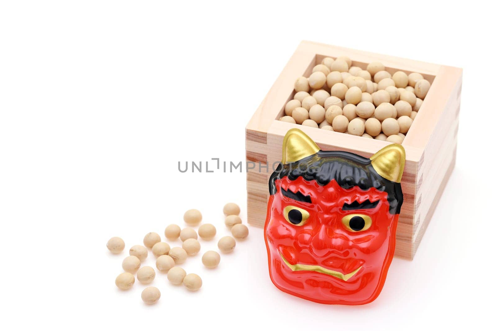 Japanese traditional Setsubun event, Soybeans and masks of oni demon and otafuku