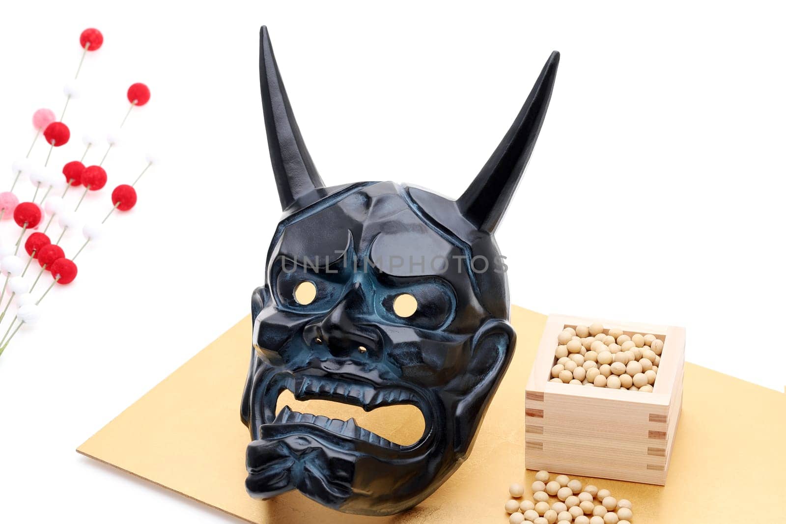 Japanese traditional Setsubun event, Soybeans and masks of oni demon