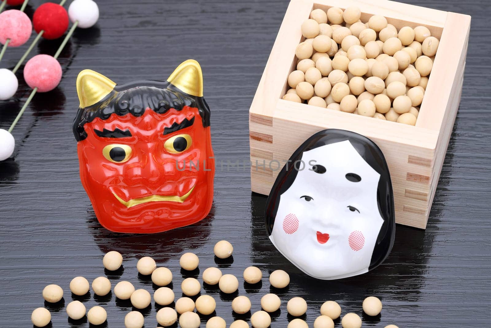 Japanese traditional Setsubun event, Soybeans and masks of oni demon and otafuku are used on an annual event