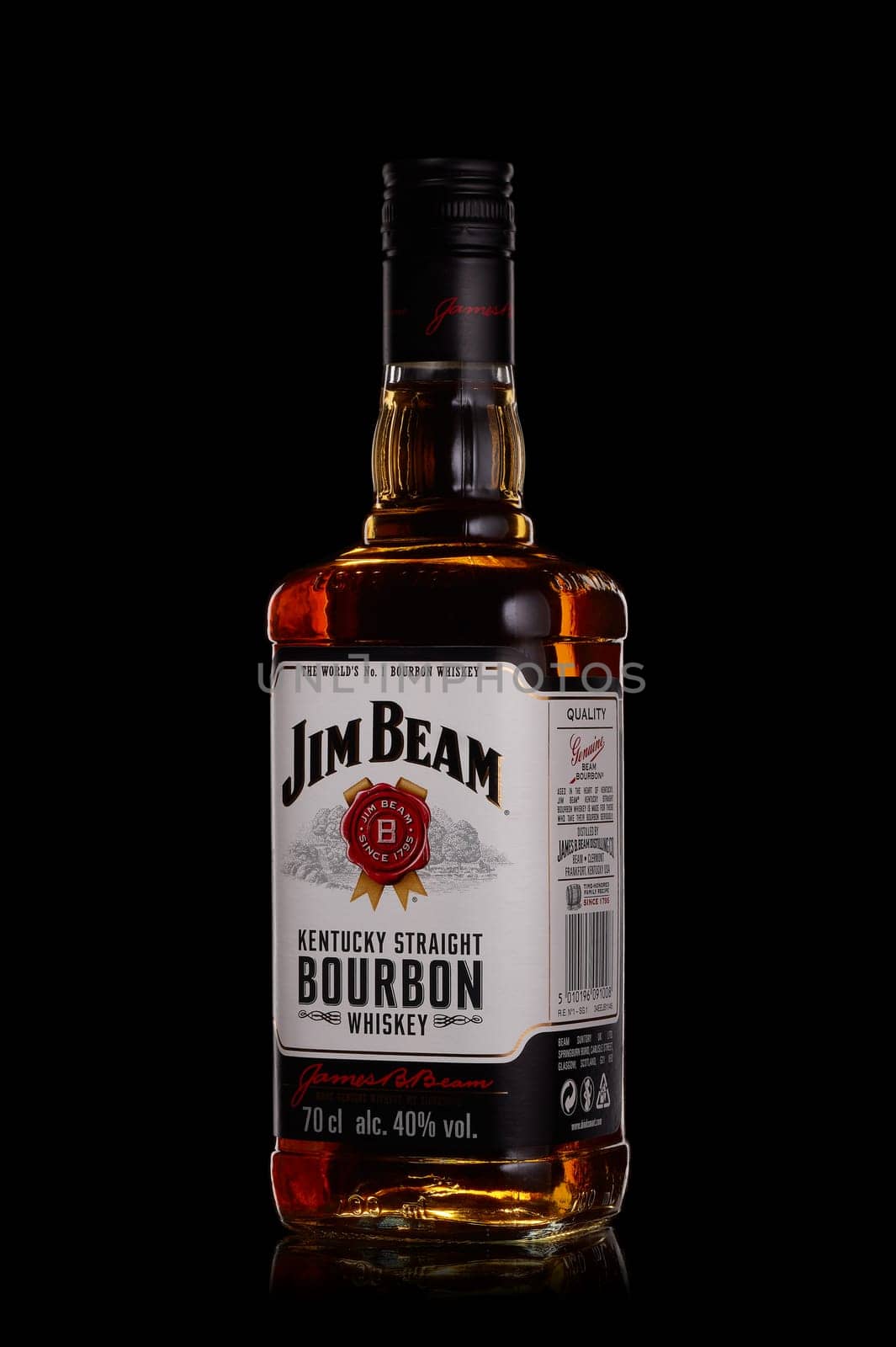 St.Petersburg, Russia - December 2019 - Bottle of Jim Beam bourbon whiskey on black background. Kentucky straight bourbon whiskey