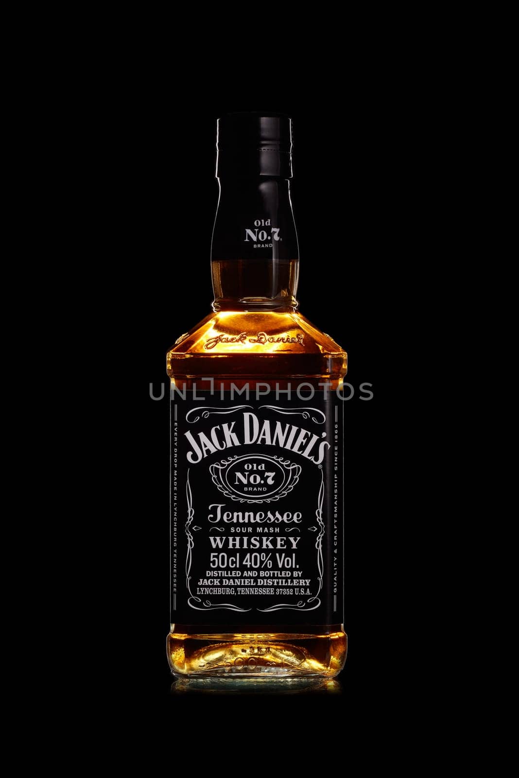 St.Petersburg, Russia - December 2019 - Bottle of Jack Daniel's whiskey on black background. Brand of the American whiskey