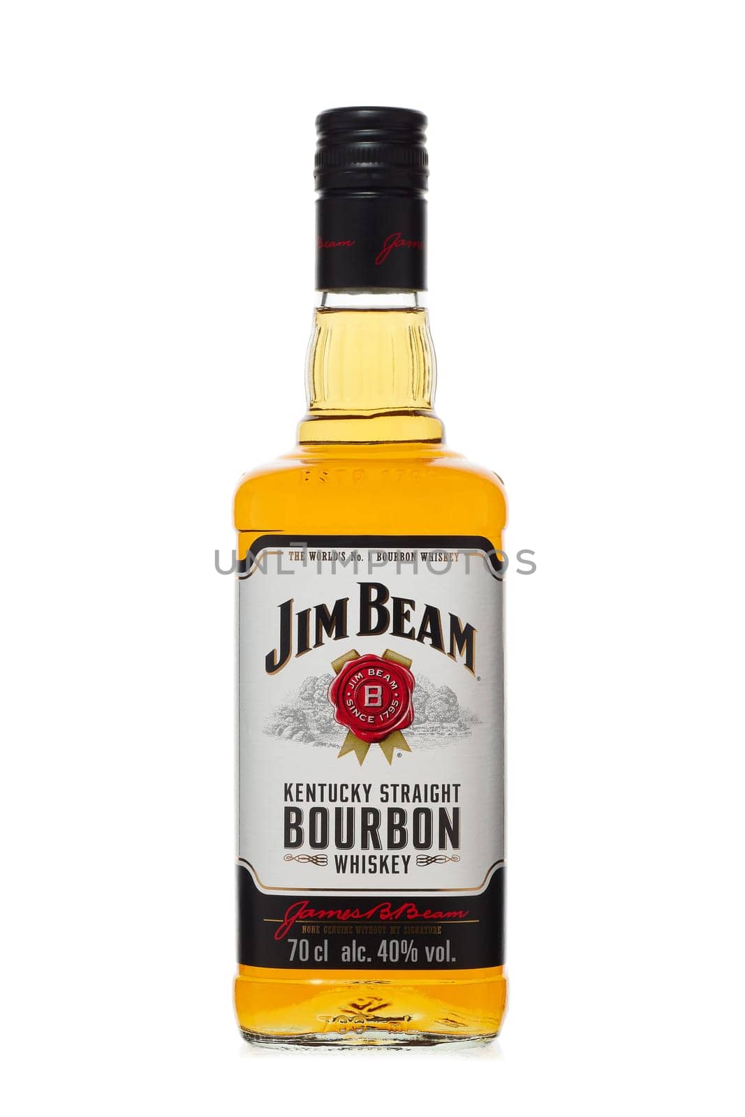 St.Petersburg, Russia - December 2019 - Bottle of Jim Beam bourbon whiskey isolated on white background. Kentucky straight bourbon whiskey