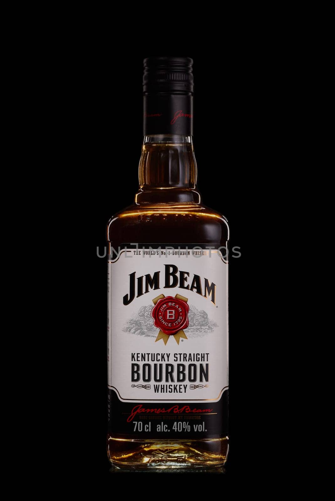 St.Petersburg, Russia - December 2019 - Bottle of Jim Beam bourbon whiskey on black background. Kentucky straight bourbon whiskey