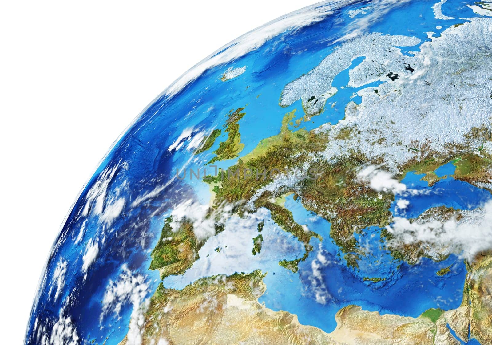Earth globe close- up of the Europe area. Very detailed and Photo realistic. With clouds. (Original maps provided by NASA.)