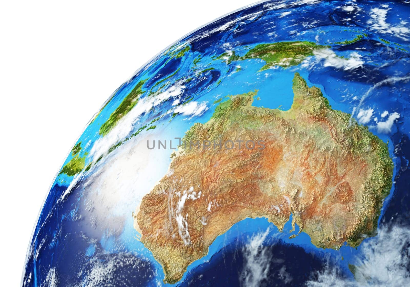 Earth globe close- up of Oceania. Very detailed and Photo realistic. With clouds. (Original maps provided by NASA.)