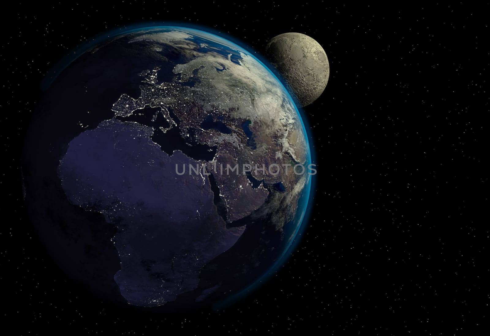 Planet earth with sunrise in space, city lights and moon. Europe, Asia and Africa view. (Original maps provided by NASA.)