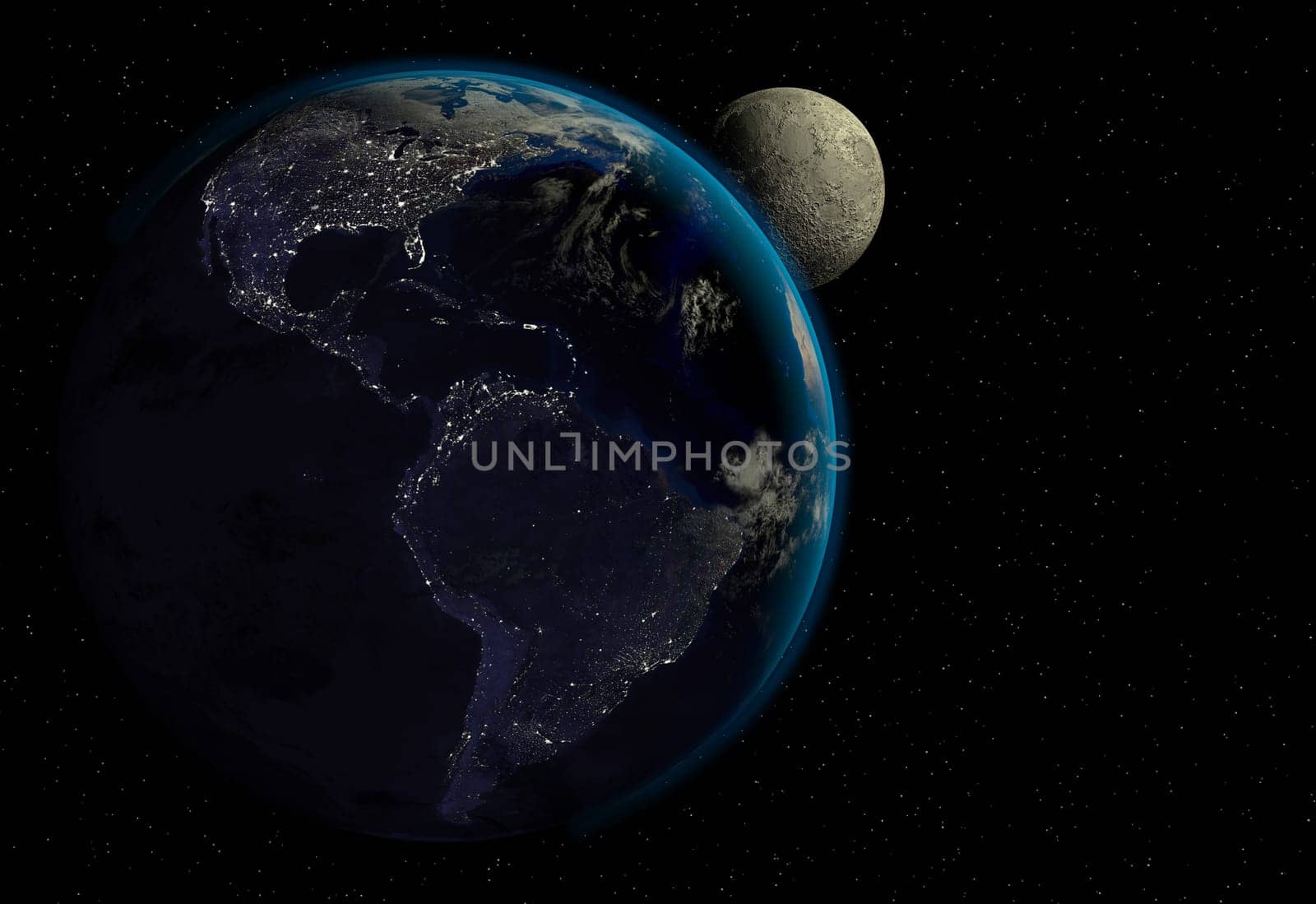 Planet earth with sunrise in space, city lights and moon. North and South Americas view. (Original maps provided by NASA.)