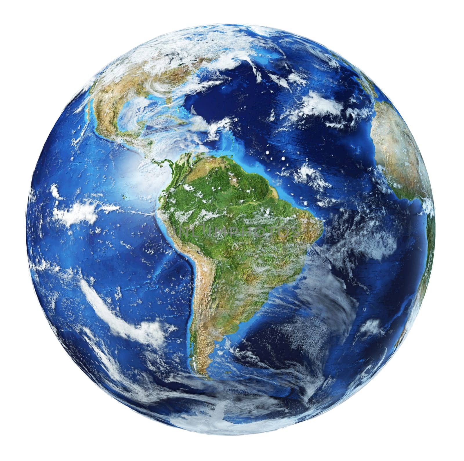 Earth globe 3d illustration. South America view. Very detailed and photo realistic. With clouds on white background. (Original maps provided by NASA.)