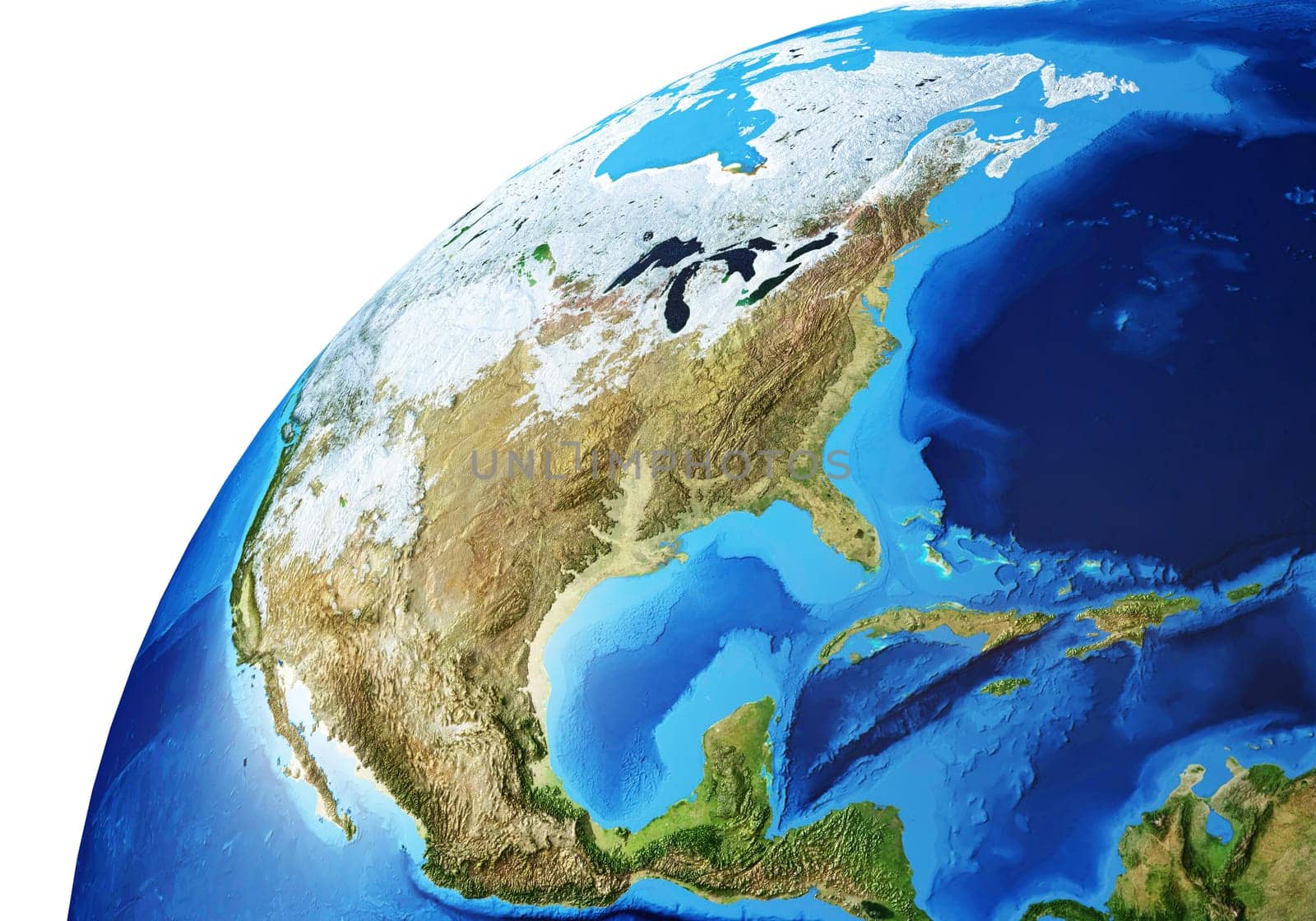 Earth globe close- up of the North America. Very detailed and Photo realistic. (Original maps provided by NASA.)