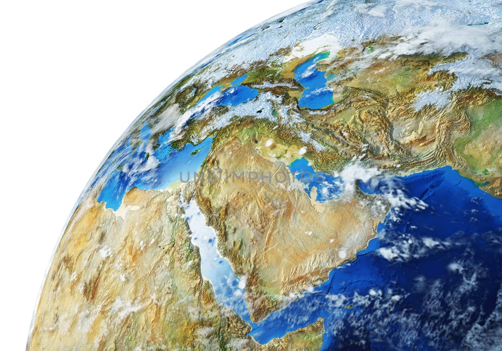Earth globe close- up of the Middle East area. Very detailed and Photo realistic. With clouds. (Original maps provided by NASA.)