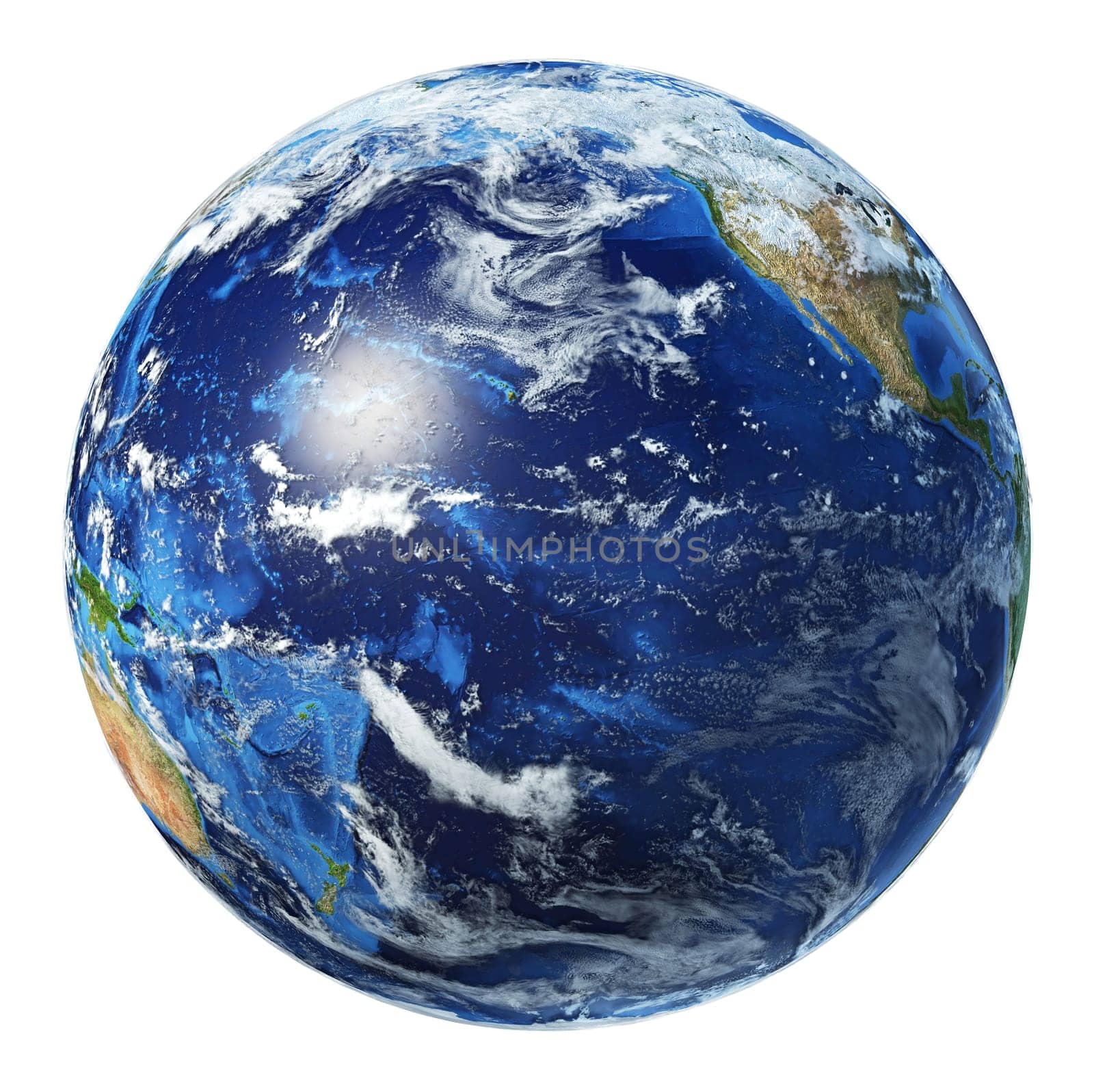Earth globe 3d illustration. Pacific Ocean view. Very detailed and photo realistic. With clouds on white background. (Original maps provided by NASA.)