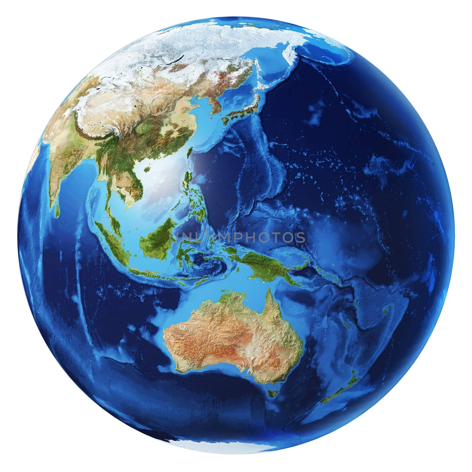 Earth globe photorealistic 3d illustration, on white background. Oceania view. Without clouds. (Original maps provided by NASA).