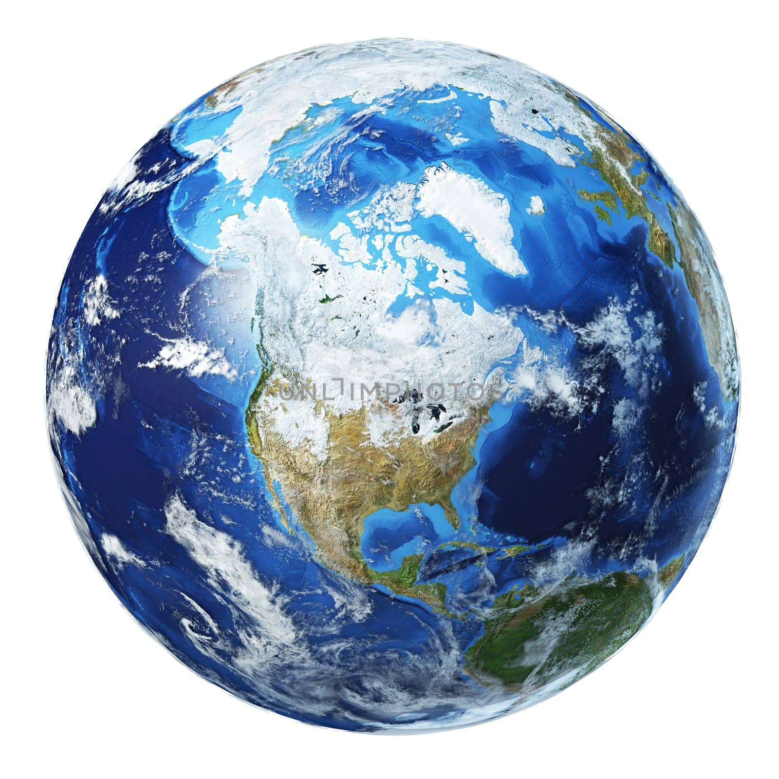 Earth globe 3d illustration. North America view. Very detailed and photo realistic. With clouds on white background. (Original maps provided by NASA.)