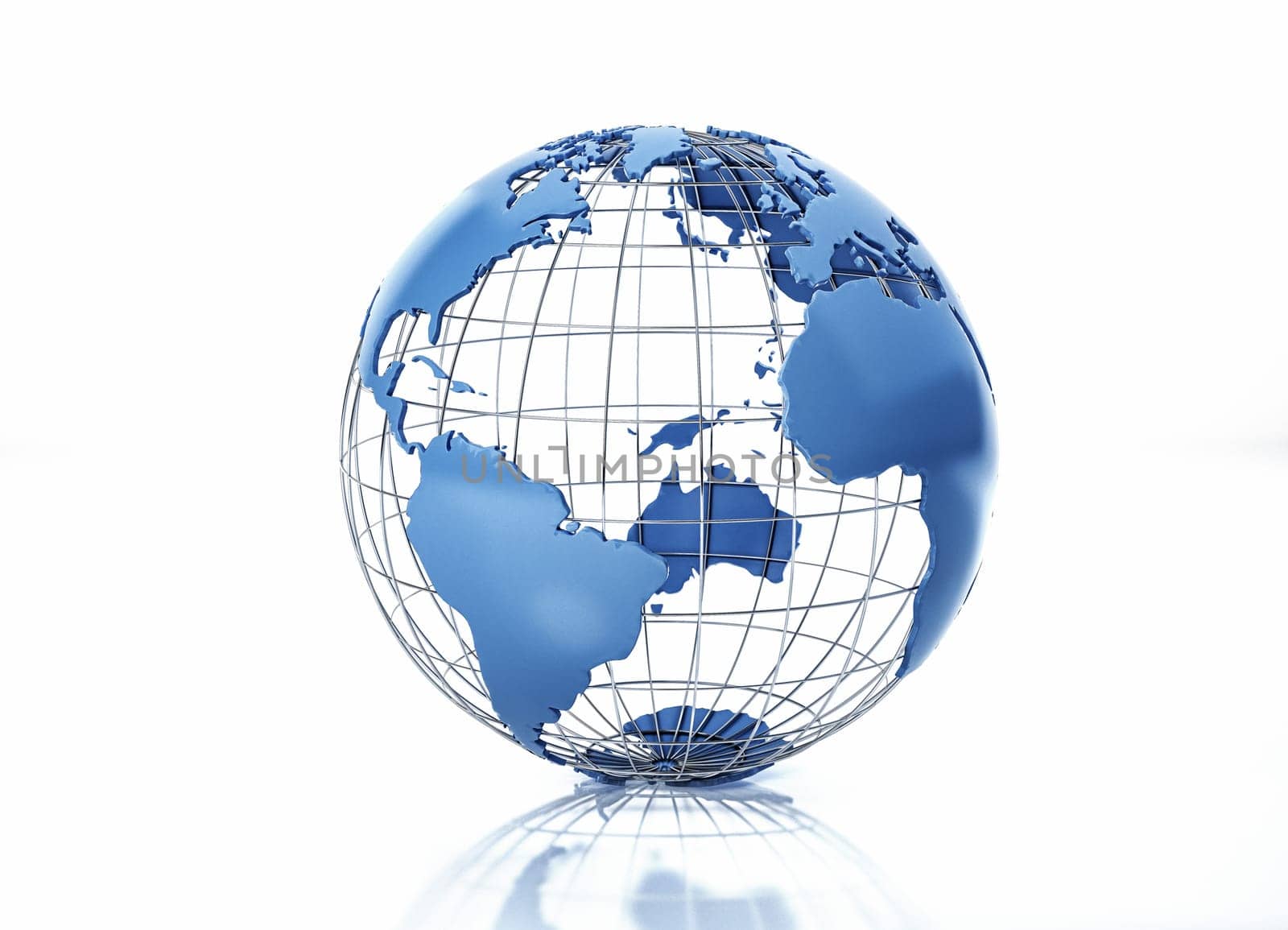 Earth globe stylized with metal grid. Atlantic Ocean view. On white background with some reflection on the surface.