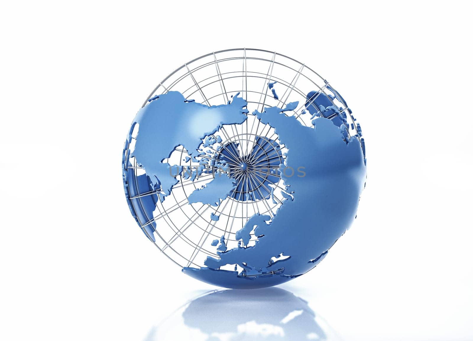 Earth globe stylized with metal grid. North Pole view. On white background with some reflection on the surface.