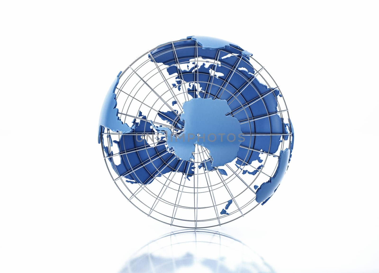 Earth globe stylized with metal grid. South Pole view. On white background with some reflection on the surface.