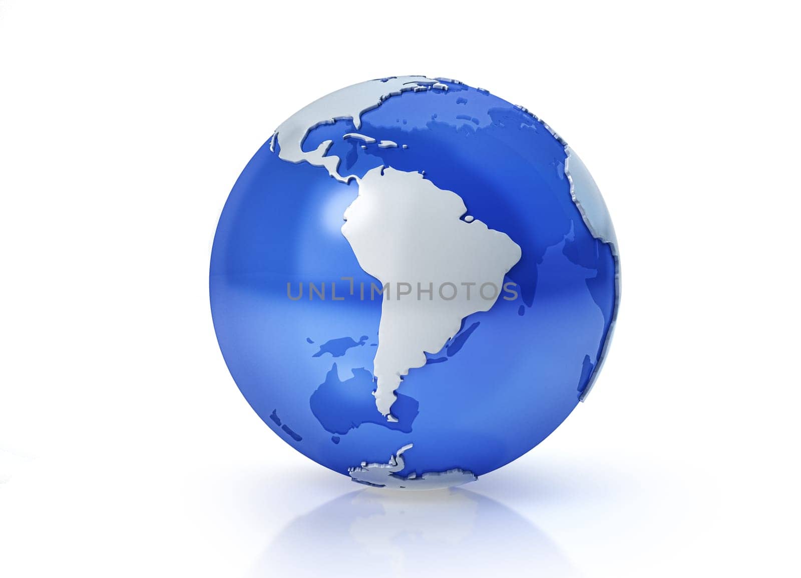 Earth globe stylized. Grey continents in relief. With transparent seas to reveal continents on the other side. On white background. South America view.